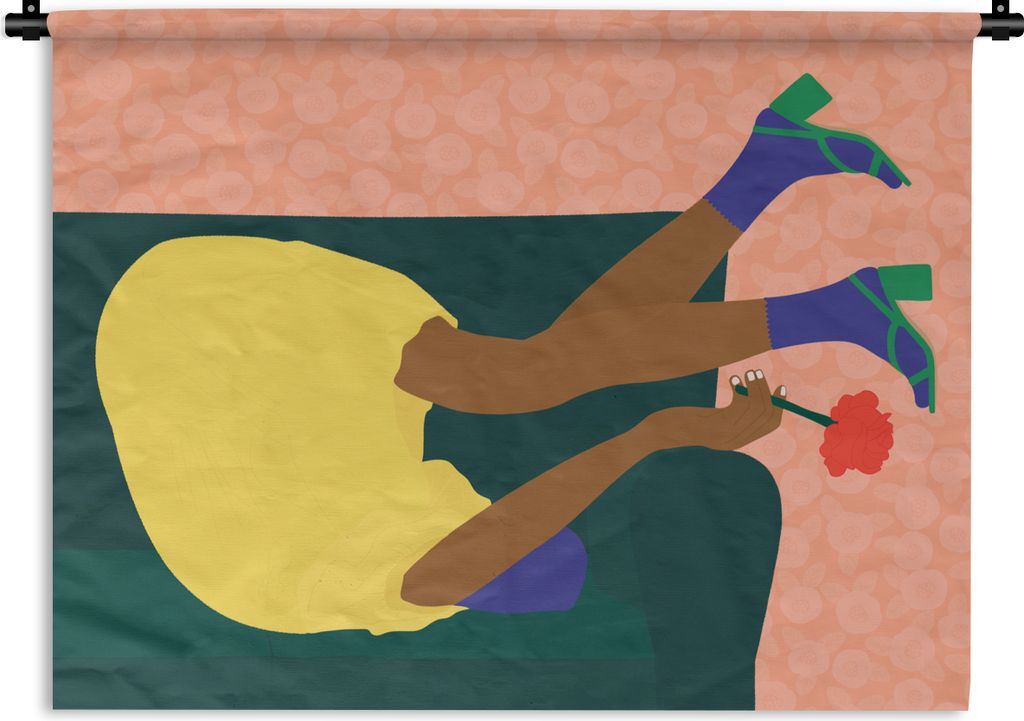 MuchoWow Wandteppich Wandbehang Frau - Blumen - Retro 90x67.5 cm Tapisserie Dekoration Wandtuch - Fototeppich - Wand-Skulpturen