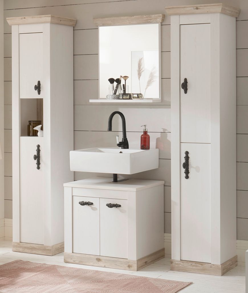 Badmöbel Set "Rovola" Pinie weiß / Oslo Pinie Landhaus Badezimmer 4-tlg. 184 x 200 cm