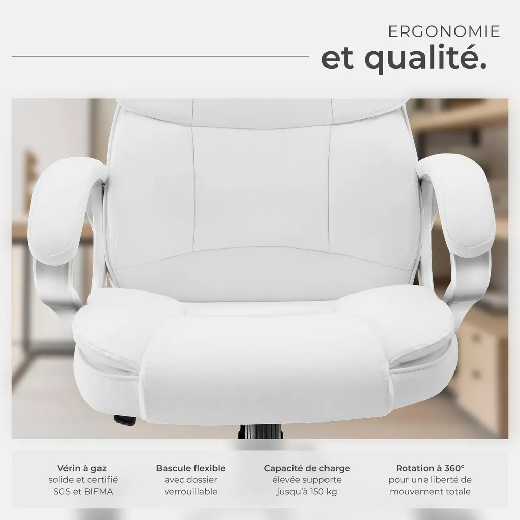 Fauteuil de direction JONAS blanc pour bureau - Idéal télétravail confort - 9