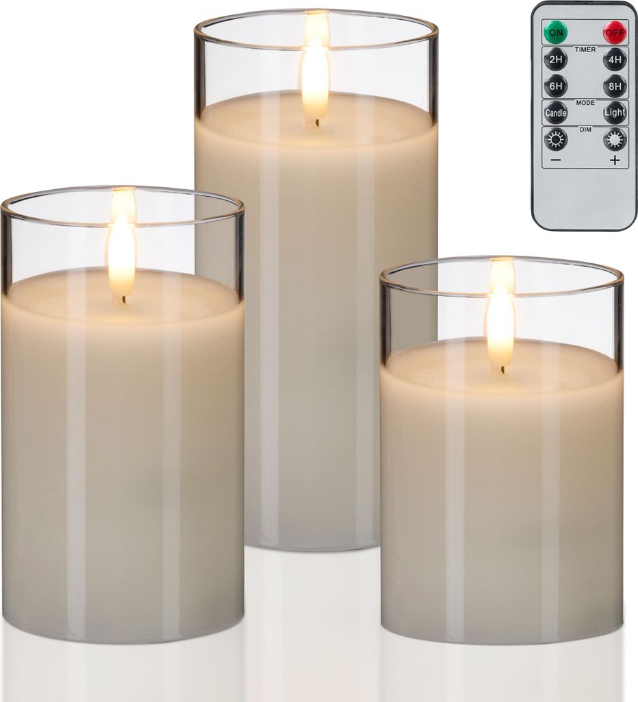 Relaxdays LED Kerzen im Glas, 3er Set, Fernbedienung, Timer Produktbild 