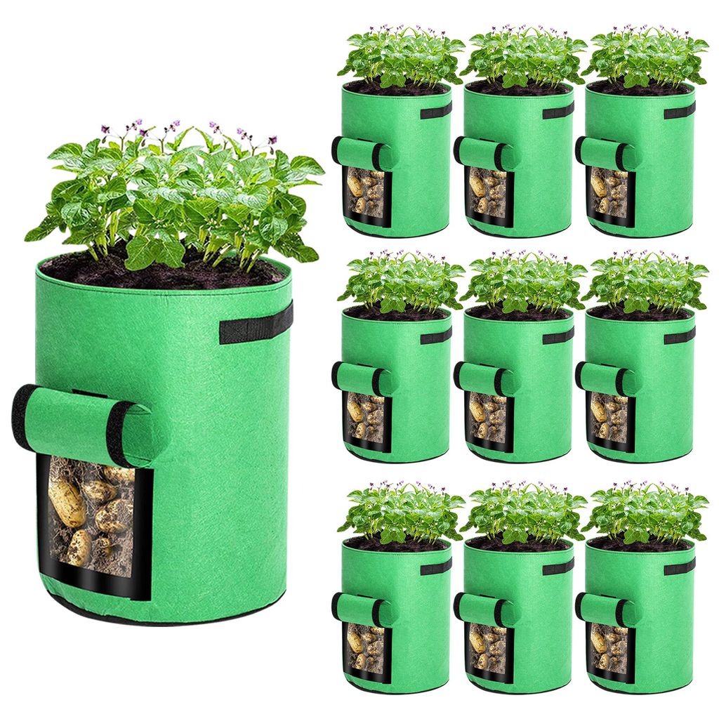 Pflanzsack Pflanztasche Kartoffel Tomaten Erdnüsse Vliesstoff Atmungsaktiv Pflanzbeutel Gemüse Beutel 10 Stück 7 Gallone Grün