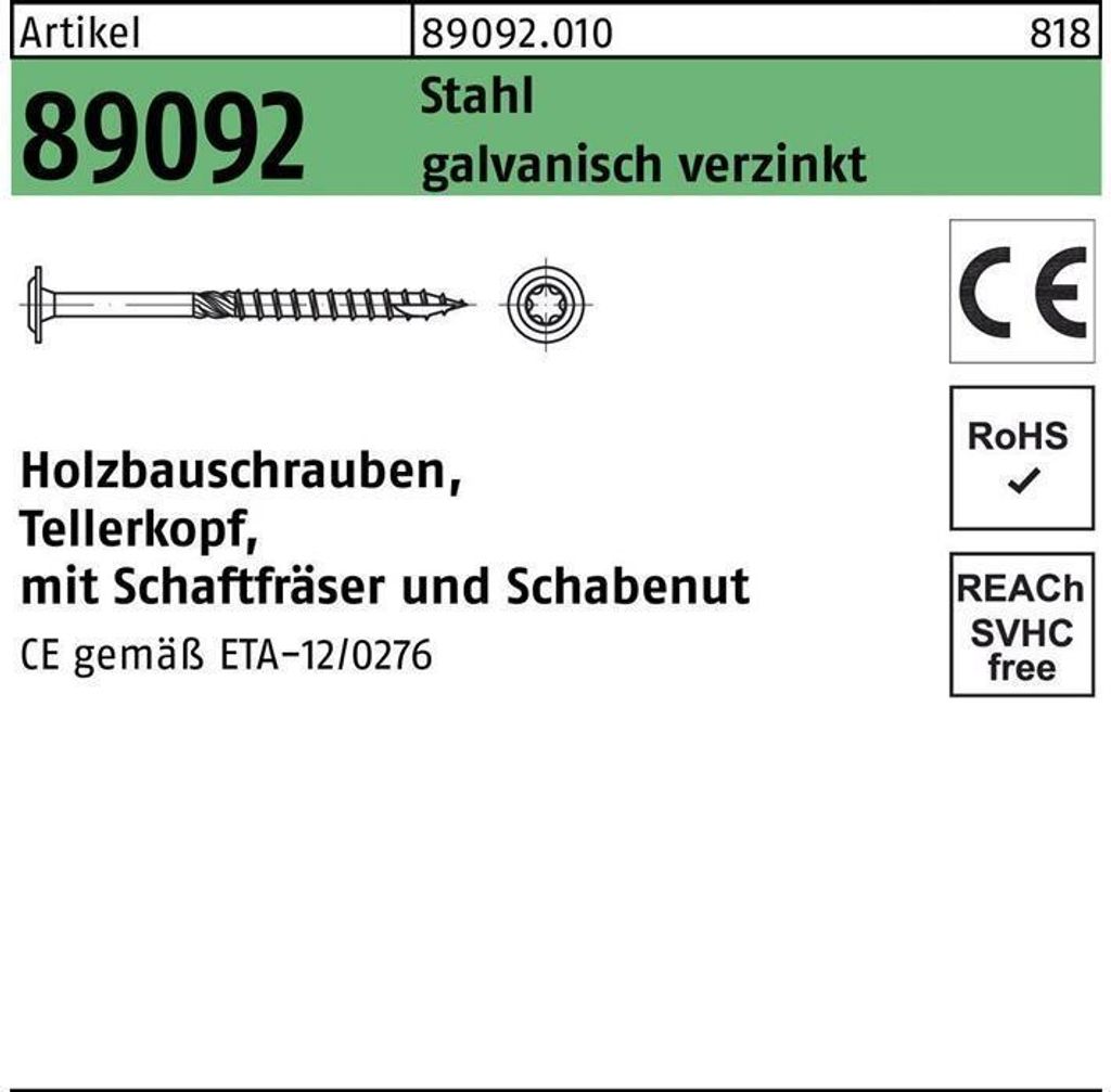ART 89092 Holzbauschrauben CE Stahl 8 x 400 -T40 galvanisch verzinkt gal Zn S 50 Stk