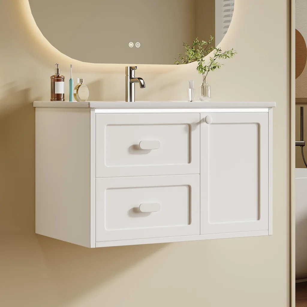 Meuble de salle de bains suspendu blanc avec vasque et éclairage LED - 2