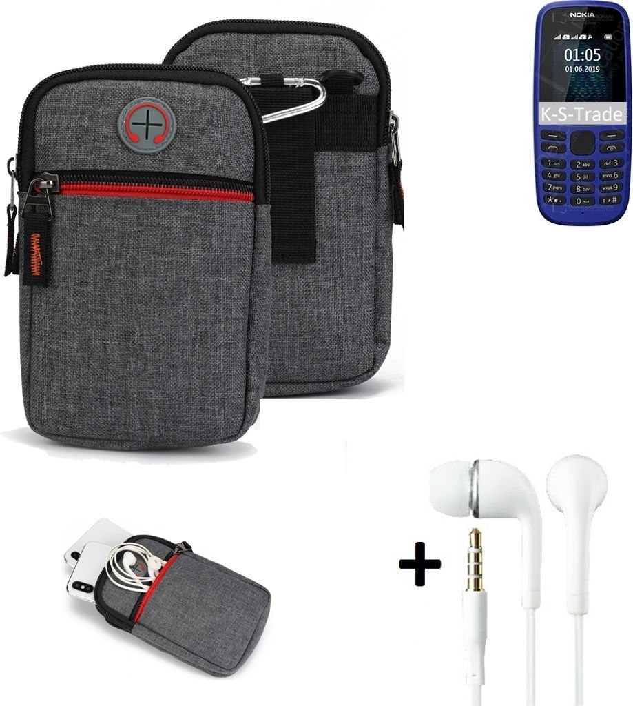 K-S-Trade Gürteltaasche + Kopfhörer kompatibel mit Nokia 105 (2019) Handy Tasche Holster Schutz Hülle Handy Hülle grau Zusatzfächer 1x