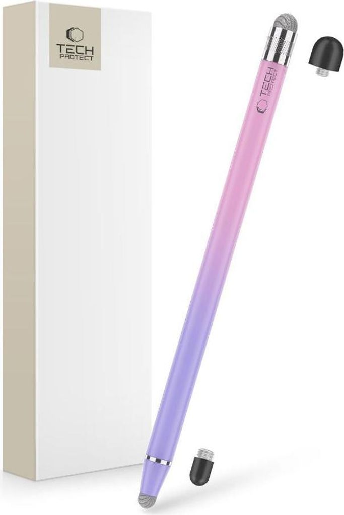 A stylus pen with a pink and purple gradient, next to its packaging box.