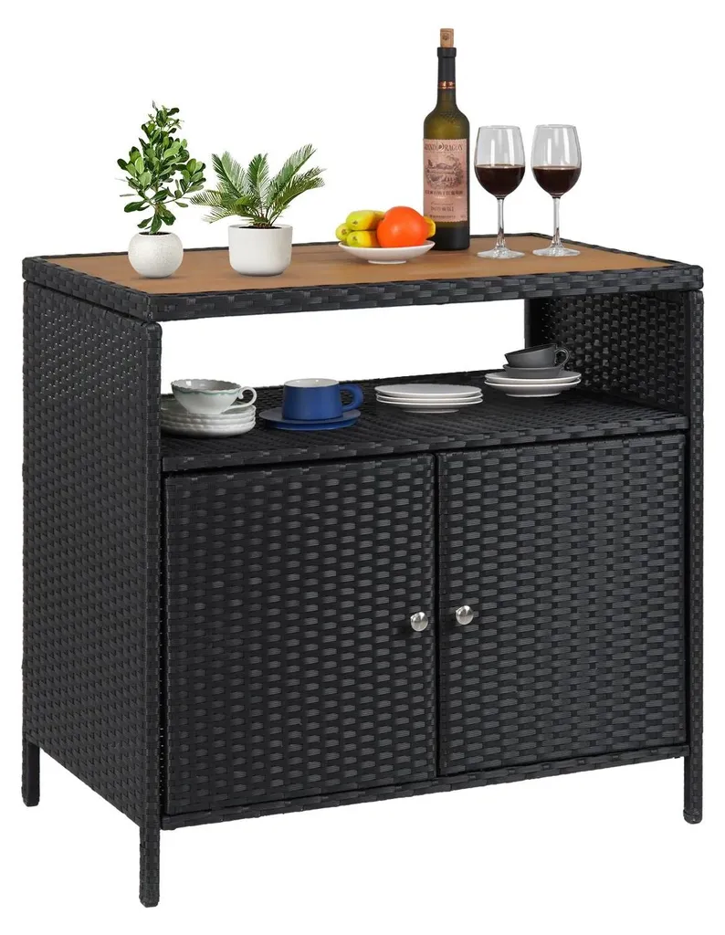 Mange-debout de jardin en polyrotin marron avec placards de rangement