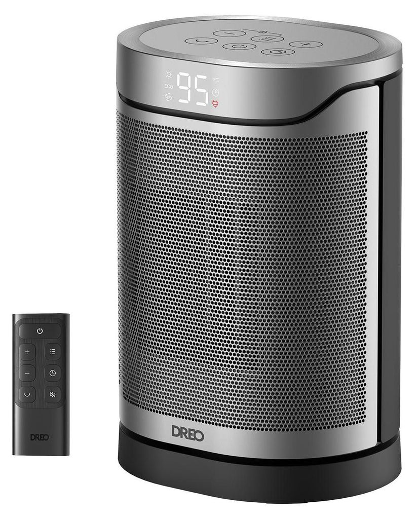 A Dreo electric heater and its remote control are shown against a white background.