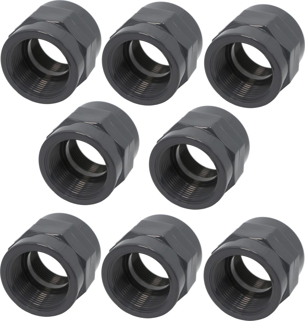 HAF 8x PVC Fittings Gewindemuffe mit 1 1/2" | Innengewinde x Innengewinde | Übergangsmuffe aus grauem PVC-U | PN16 für PVC Rohr, Schwimmbad & Teich