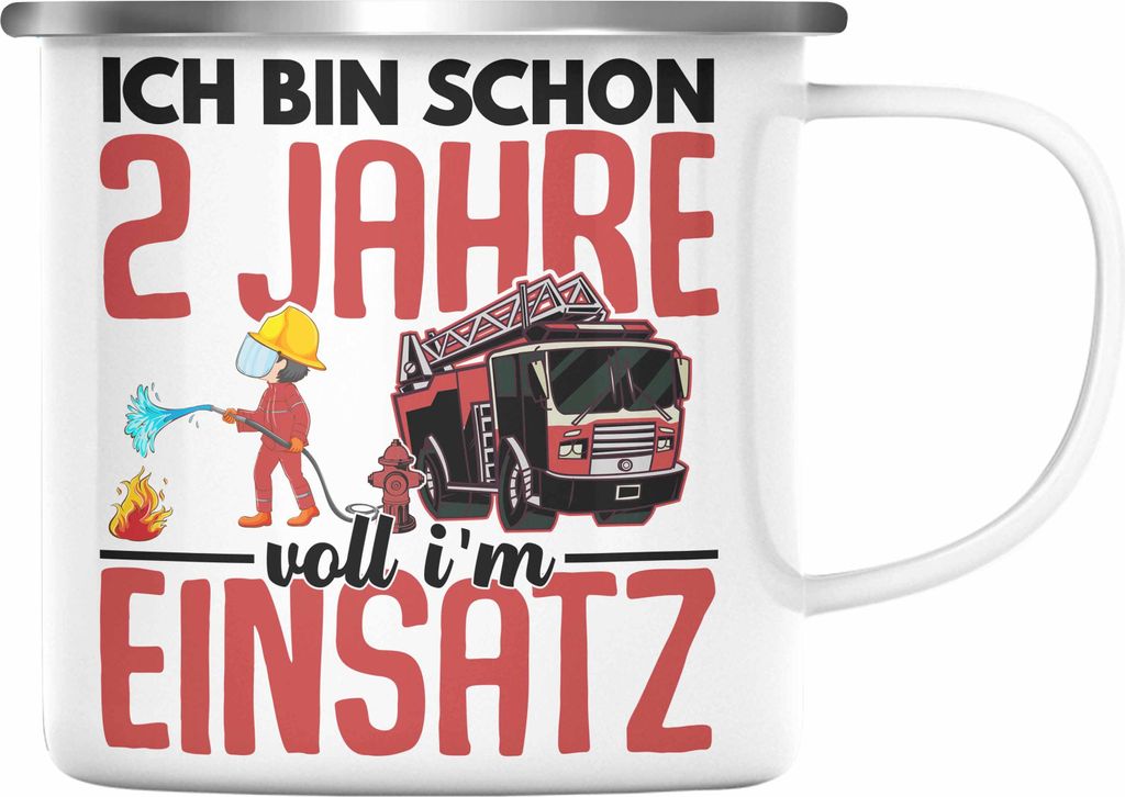 Trendation - 2. Geburtstag Geschenk Jungs Feuerwehr Emaille Tasse Geschenke Zubehör Lustig Kinder Geburtstag Spruch Ich Bin 2 (Silber)