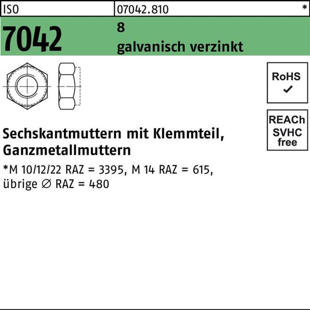Reyher Sechskantmuttern ISO 7042 8 M 16 galv. verzinkt gal Zn (100 Stück)
