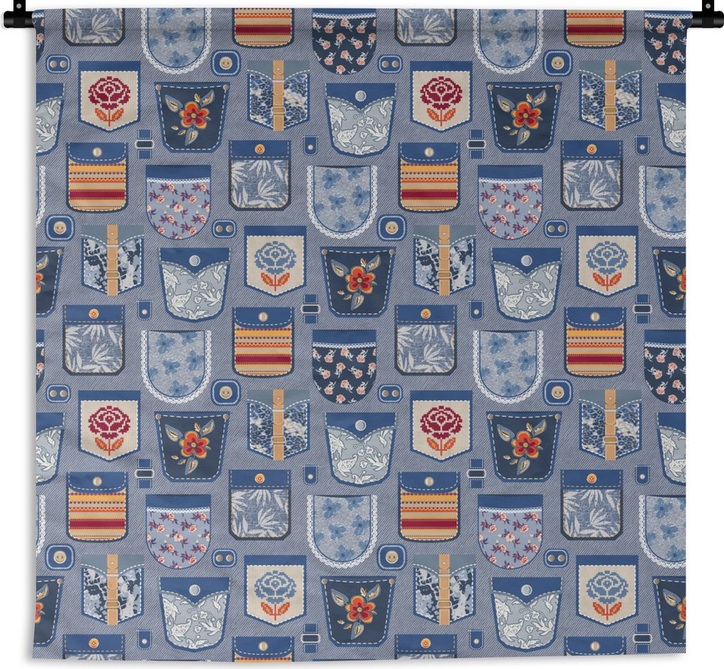 MuchoWow Wandteppich Wandbehang Hosen - Denim - Aufnäher - Schnittmuster 150x150 cm Tapisserie Dekoration Wandtuch - Wohnaccessoires - Modernes
