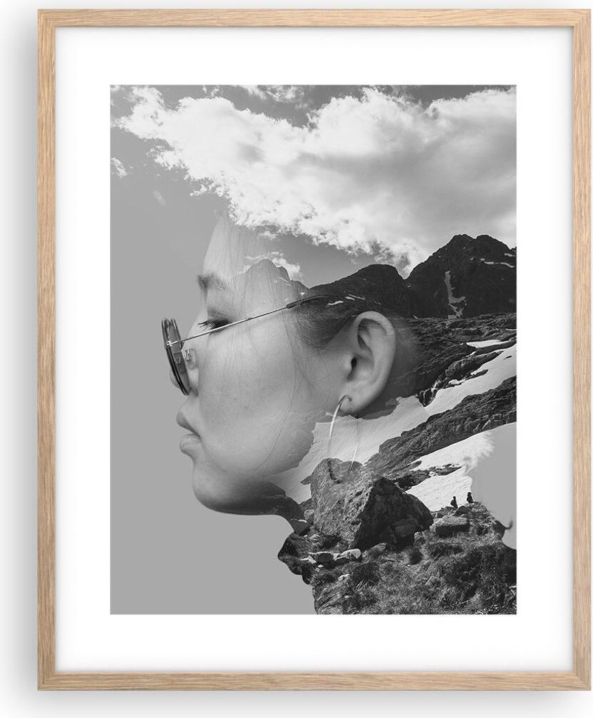 Gerahmtes Poster - Rahmen in heller Eiche - Frau modern schwarz und weiß - 40x50 cm - Wand Bild - Wanddeko - Wandbilder - Kunstposter - Wandposter...