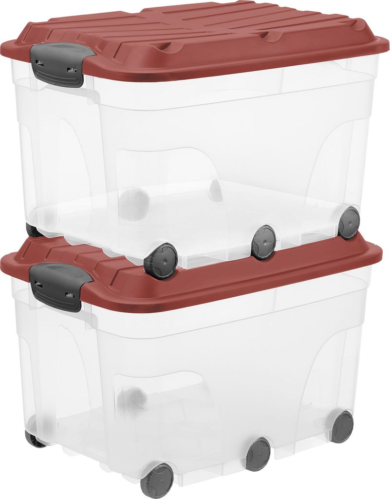 Two clear plastic storage boxes with red lids and gray handles are stacked on top of each other. Both boxes have wheels on the bottom.