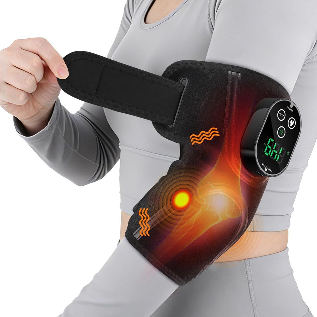 Elektrische Ellbogenbandage mit Wärme & Massage, 3000mAh Akku, kabellos, 5 Wärmestufen bis 65°C, 3 Massage Modi, für Tennisellenbogen & Schmerz...