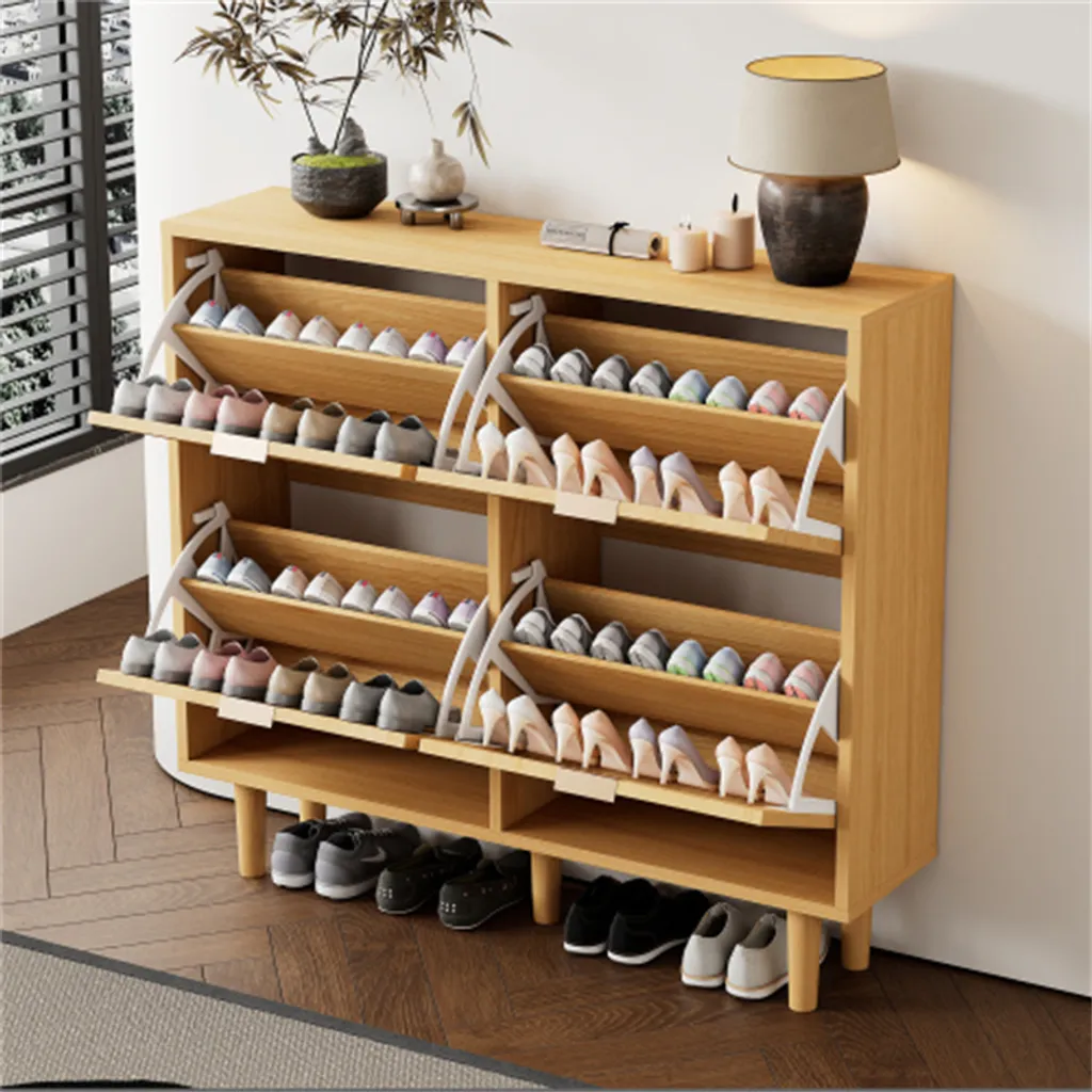 Meuble à chaussures design en rotin avec 4 tiroirs basculants ton chêne