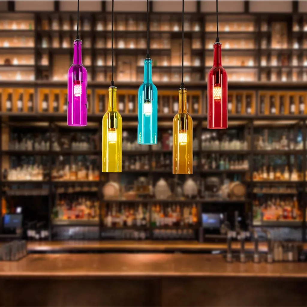 Lampada a sospensione a forma di bottiglia di vino - 5 luci - Regolabile in altezza 150 cm - Attacco E27 - Dimmerabile - Vetro - Senza lampadina - Multicolore - 4