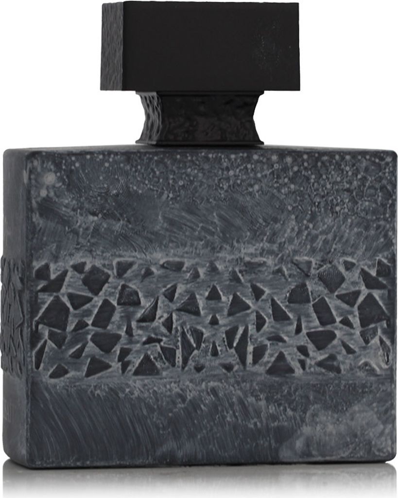 A perfume bottle with a textured gray body and a black cap.