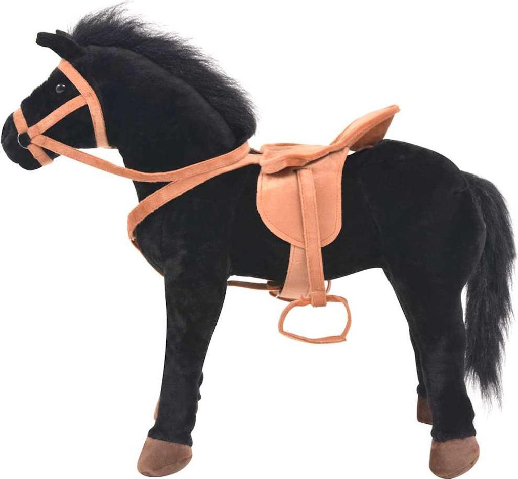 A plush toy horse with a saddle and bridle, shown from the side against a white background.