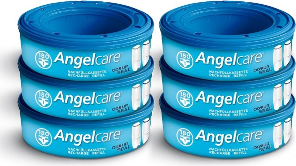A stack of Angelcare refill cartridges.