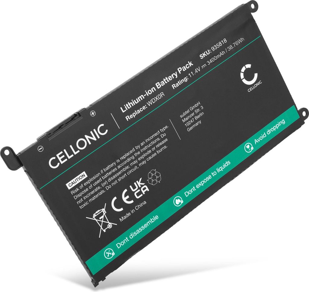 CELLONIC 1x Akku für Notebook Kompatibel mit Dell Inspiron 5593, Chromebook 3110, Inspiron 17 3000, WDX0R - (3400mAh, 11.4V)