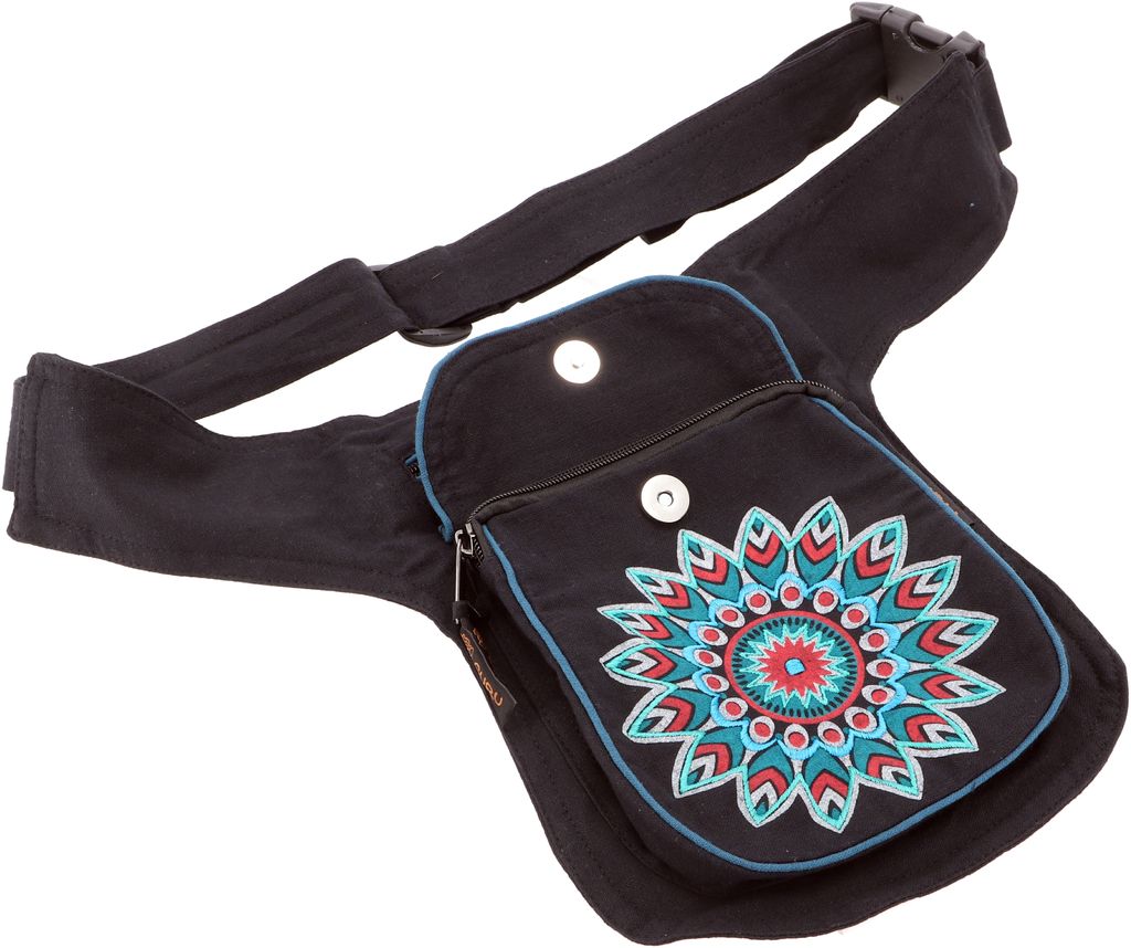 Stoff Sidebag & Gürteltasche Mandala, Goa Gürteltasche, Bauchtasche - Petrol, Uni - Erwachsene, Schwarz, Baumwolle, 25*20*4 cm, Festival- Bauchta...
