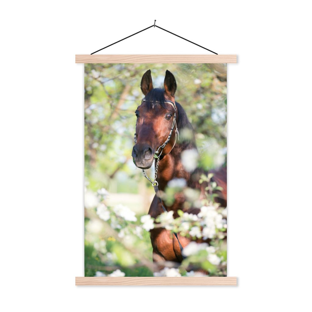 MuchoWow Textilposter Pferde - Blüte - Frühling - Tiere 120x180 cm mit holzfarbenen Rahmen - Textil-Plakat