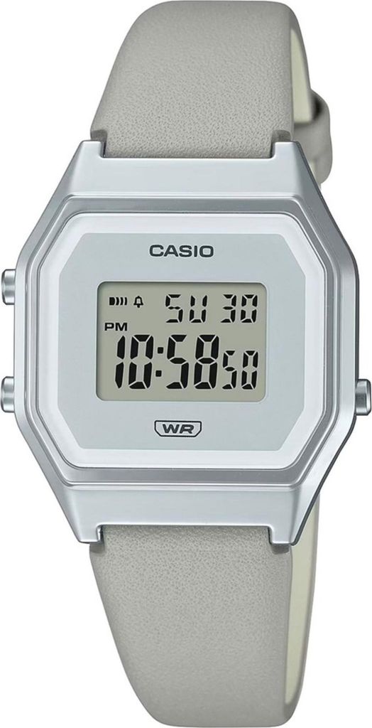 A digital watch with a gray band on a white background.