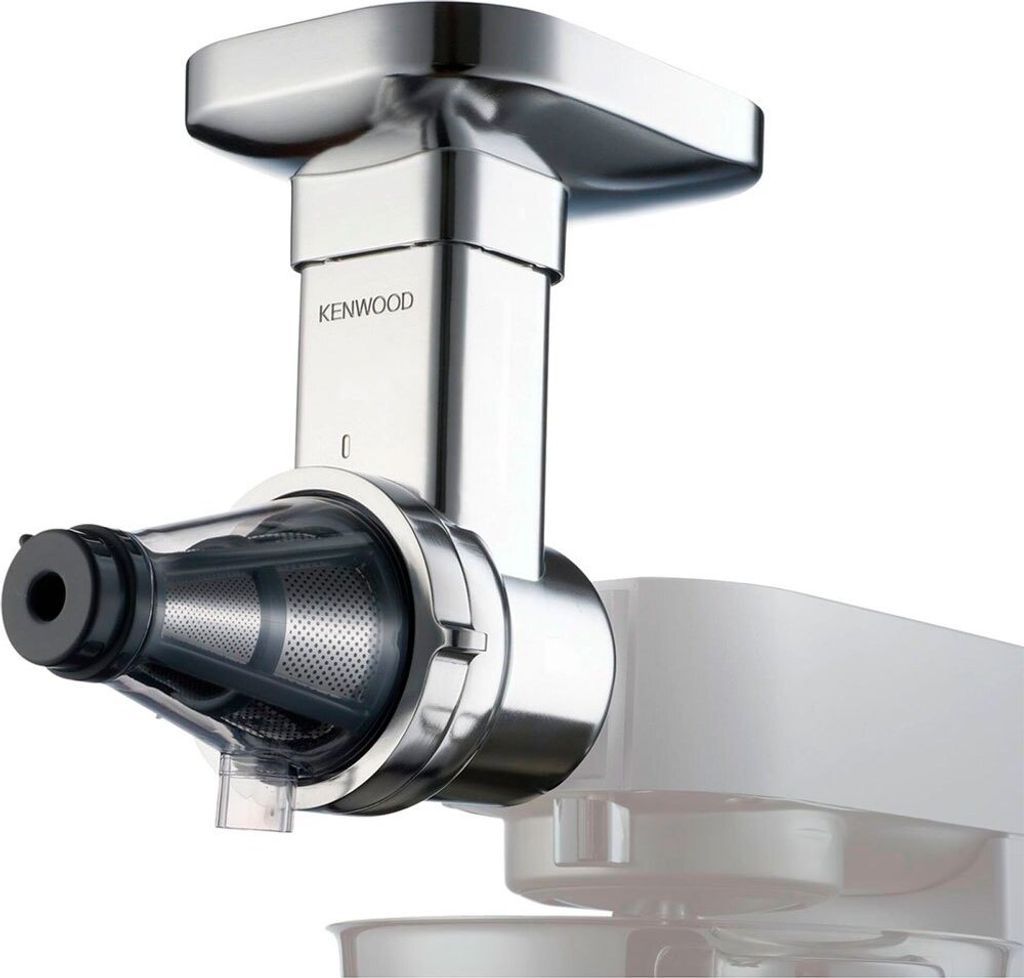 A close-up studio shot of a Kenwood juicer attachment connected to a stand mixer.