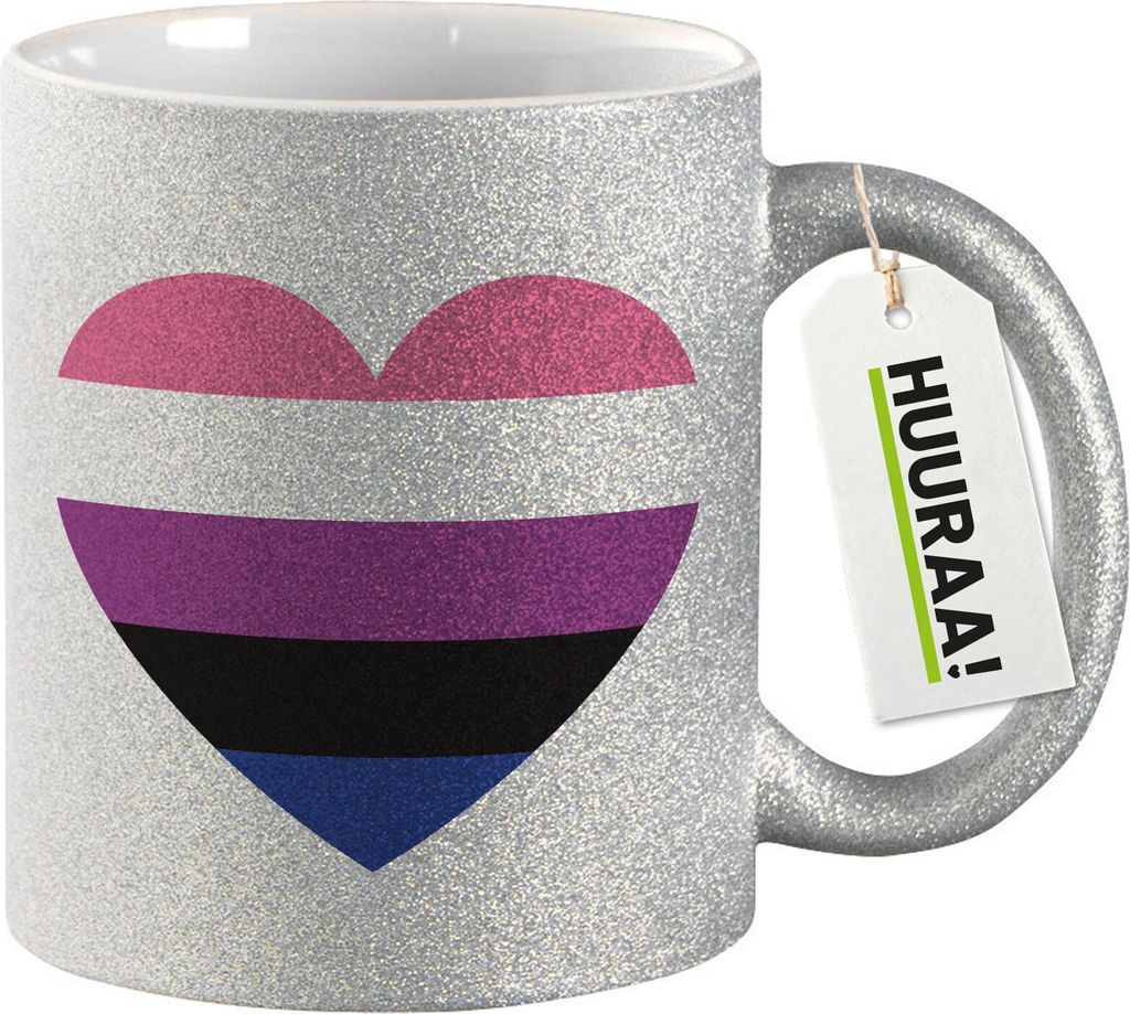 Huuraa Glitzertasse Genderfluid Pride Flagge LGBTQ Herz 330ml Silber Keramik Kaffeebecher Geschenkidee