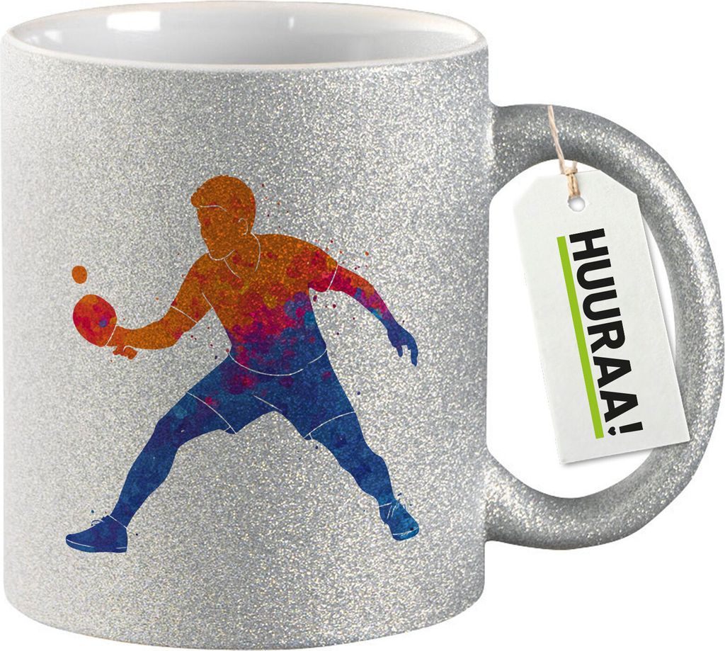 Huuraa Glitzertasse Tischtennis bunte Silhouette 330ml Silber Keramik Kaffeebecher Geschenkidee