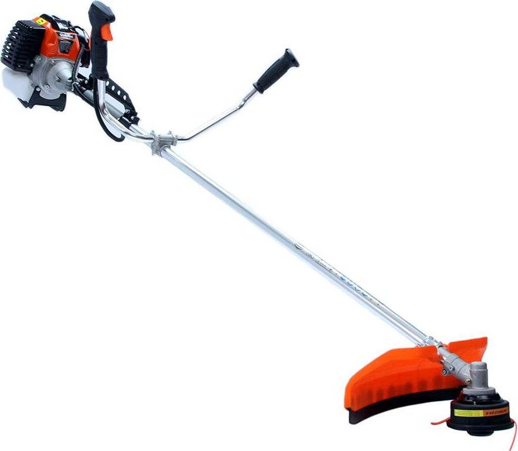 A gas-powered string trimmer is shown against a white background.