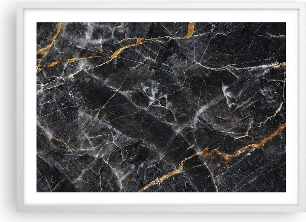 Gerahmtes Poster - Weißer Rahmen - Marmor Stein Schwarz - 70x50 cm - Wand Bild - Wanddeko - Wandbilder - Kunstposter - Wandposter - Bilderrahmen -...