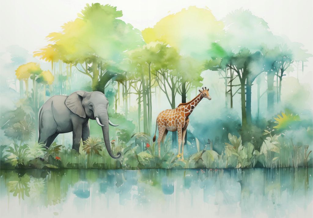 Fototapete Kinderzimmer Wald Tiere Dschungel Natur 350x250 cm - inkl. Kleister - für Kinder Junge Modern Vlies Tapete Vliestapete Wandtapete Motiv...