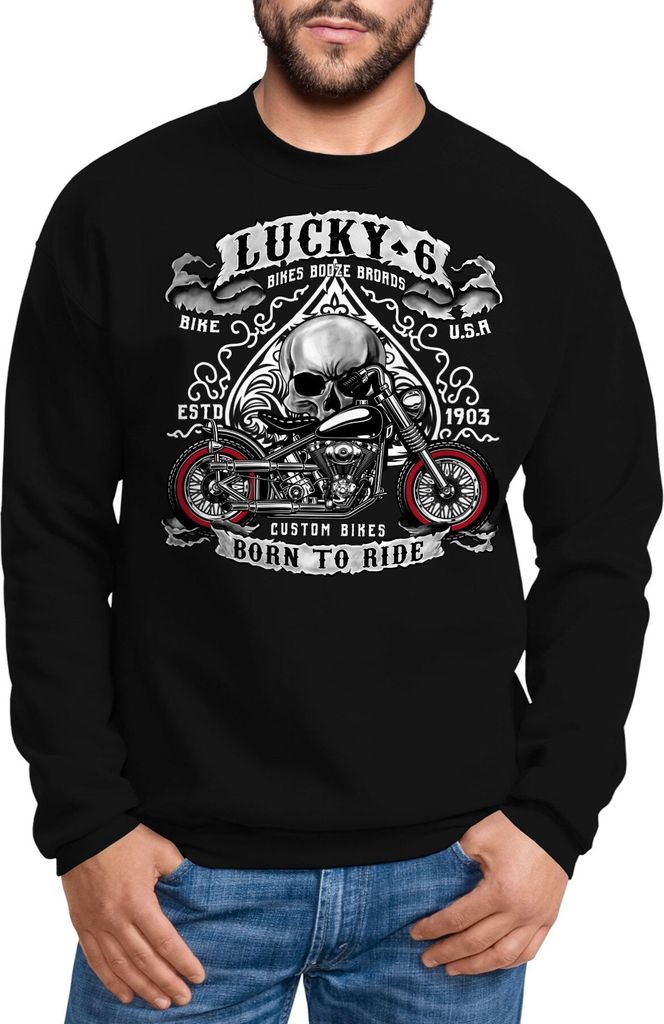 Sweatshirt Herren Biker Lucky 6 Totenkopf Pik Motorrad Live to Ride Moonworks schwarz 3XL
