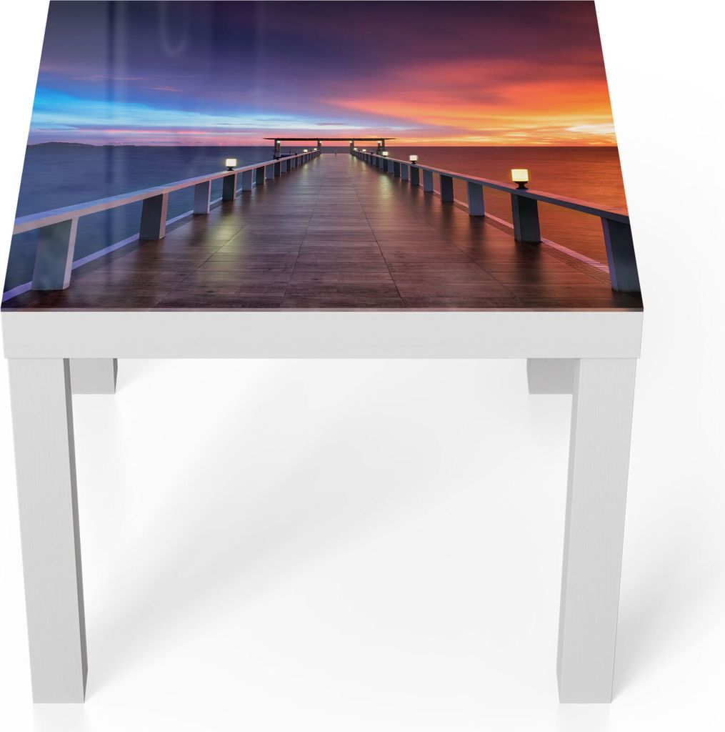 DEQORI Couchtisch 55x55 cm Weiß 'Holzkai am Abend' Glas Beistelltisch