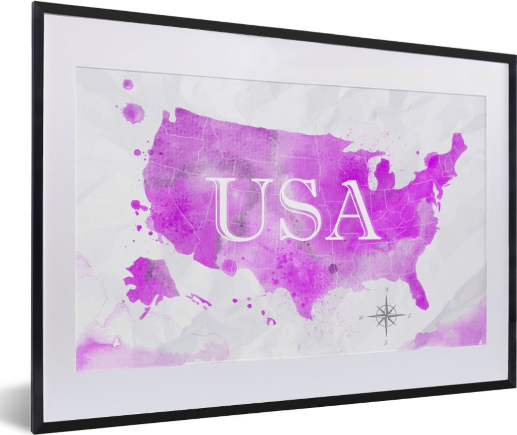 MuchoWow MuchoWow Gerahmtes Poster Weltkarte - Rosa - Vereinigte Staaten 60x40 cm - Poster mit zchwarzem Bilderrahmen - Schlafzimmer - Plakat i...