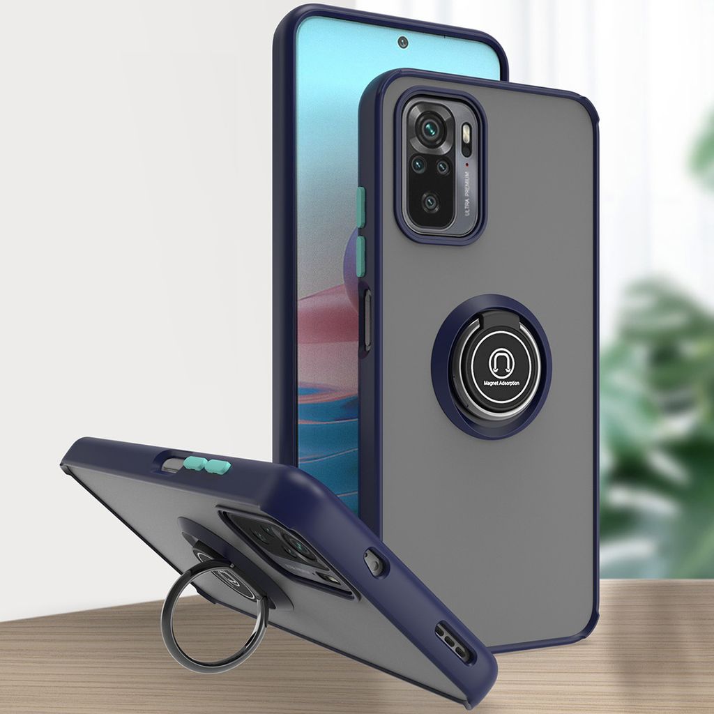 Redmi Note 10S Hülle, Ring Halter Ständer Matte Transluzent TPU Rahmen Stoßfest Schutzhülle für Xiaomi Redmi Note 10 4G / Note 10S Blau