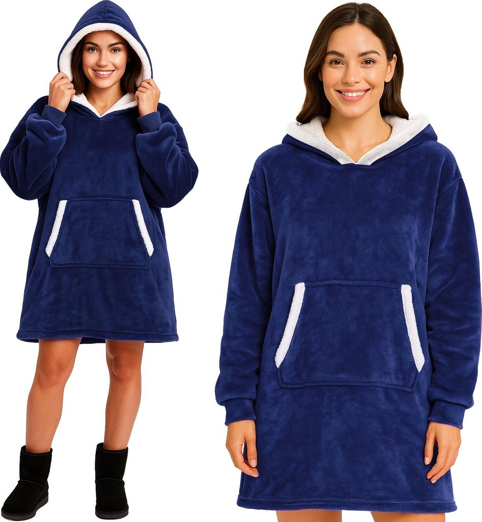 Ruhhy Hoodie-Decke Oversize – tragbare Kuscheldecke mit Kapuze & Kängurutasche, Sherpa-Futter, warm & weich, One Size für Damen & Herren Marine...