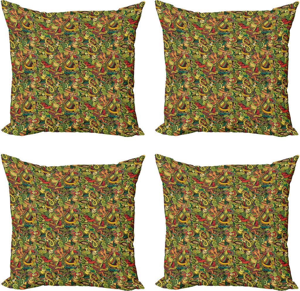 ABAKUHAUS Mexikaner Kissenbezug Set (4 Stück), Cartoon Kultur Doodle, Moderner Doppelseitiger Digitaldruck, 40 cm x 40 cm, Mehrfarbig