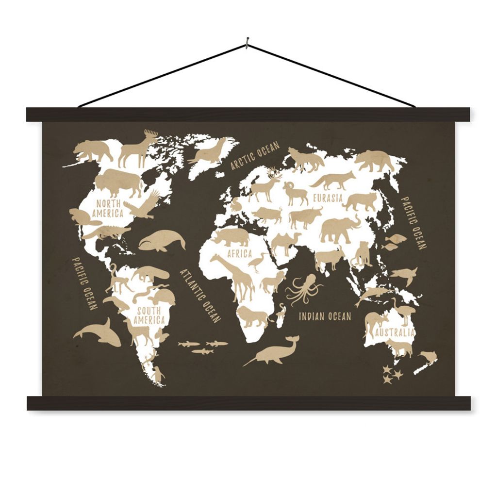 MuchoWow Textilposter Weltkarte - Tiere - Beige 120x80 cm mit schwarzem Rahmen - Wanddeko