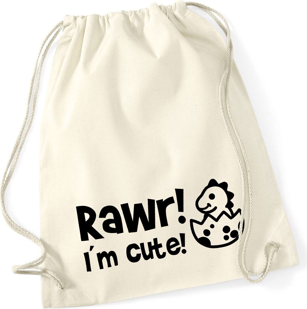 Huuraa Turnbeutel Baby Dino I`m cute 12 Liter Natural Baumwolle Rucksack Geschenkidee