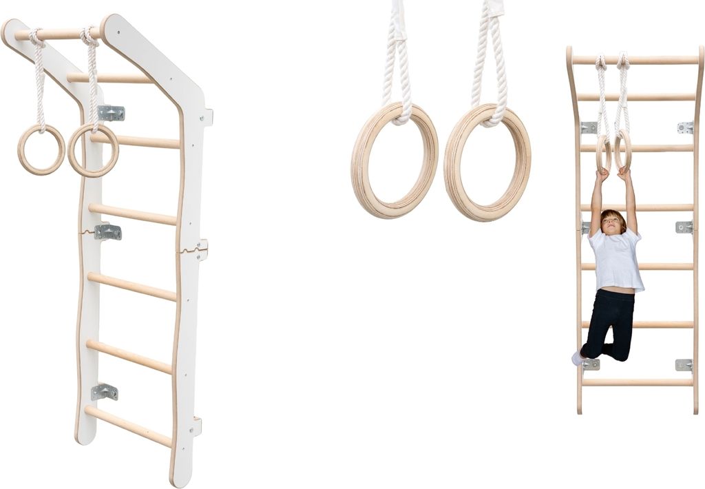 Klettergerüst Indoor fürs Kinderzimmer | Sprossenwand aus Yarnwood | Turnwand + Turnringe | 100% ECO | Made in EU