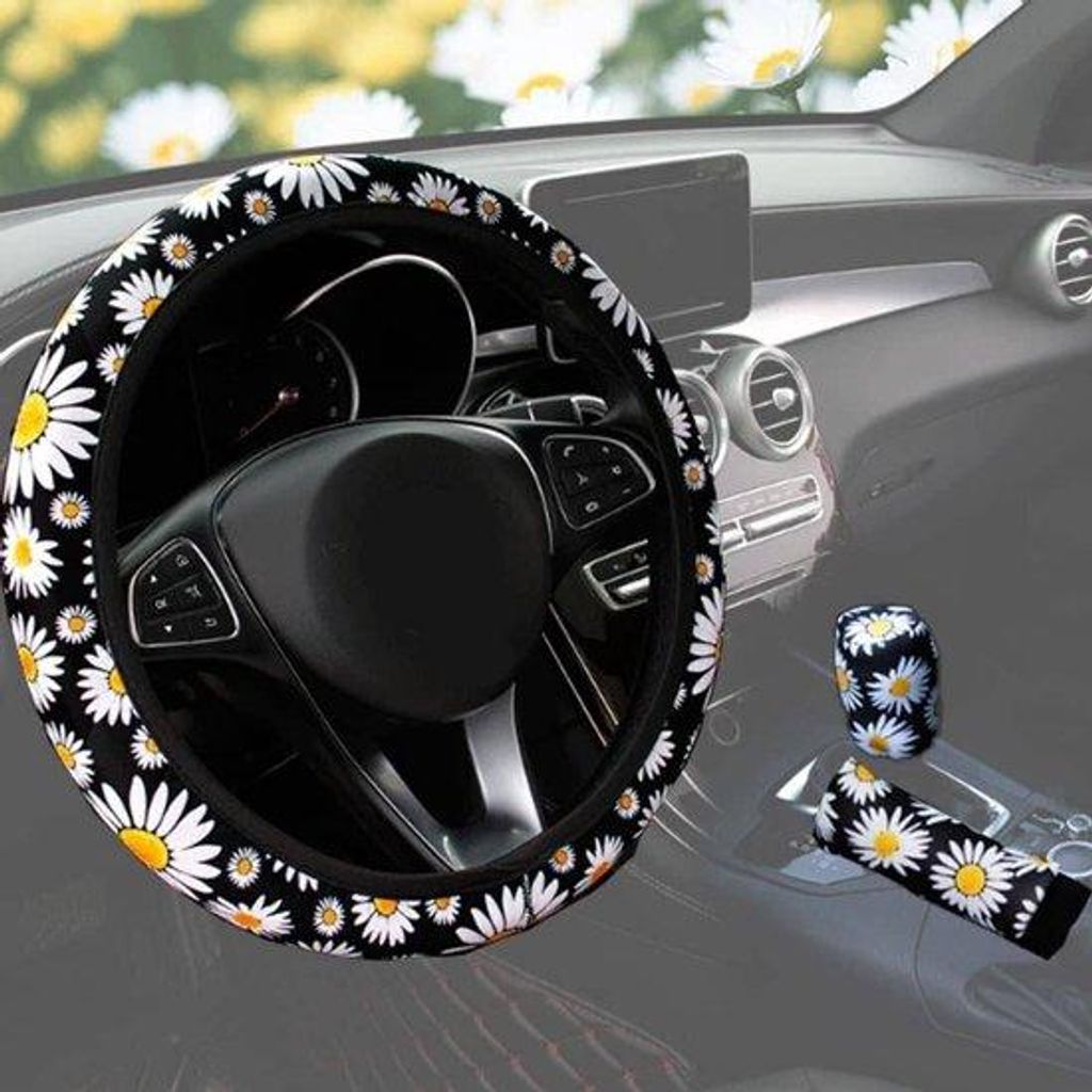 3-teiliges Plüsch Lenkradschutz mit Veilchenmuster für Autos, inklusive Handbremsschutz und Anti-Slip, atmender Lenkradschutz für den Getriebebe...