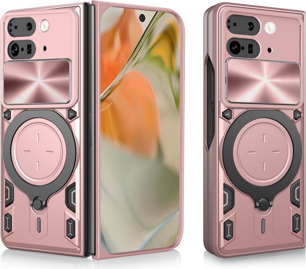 Für Google Pixel 9 Pro Fold CD Textur Sliding Kamera TPU / PC Schutz Hülle Ring Halterung Rosa