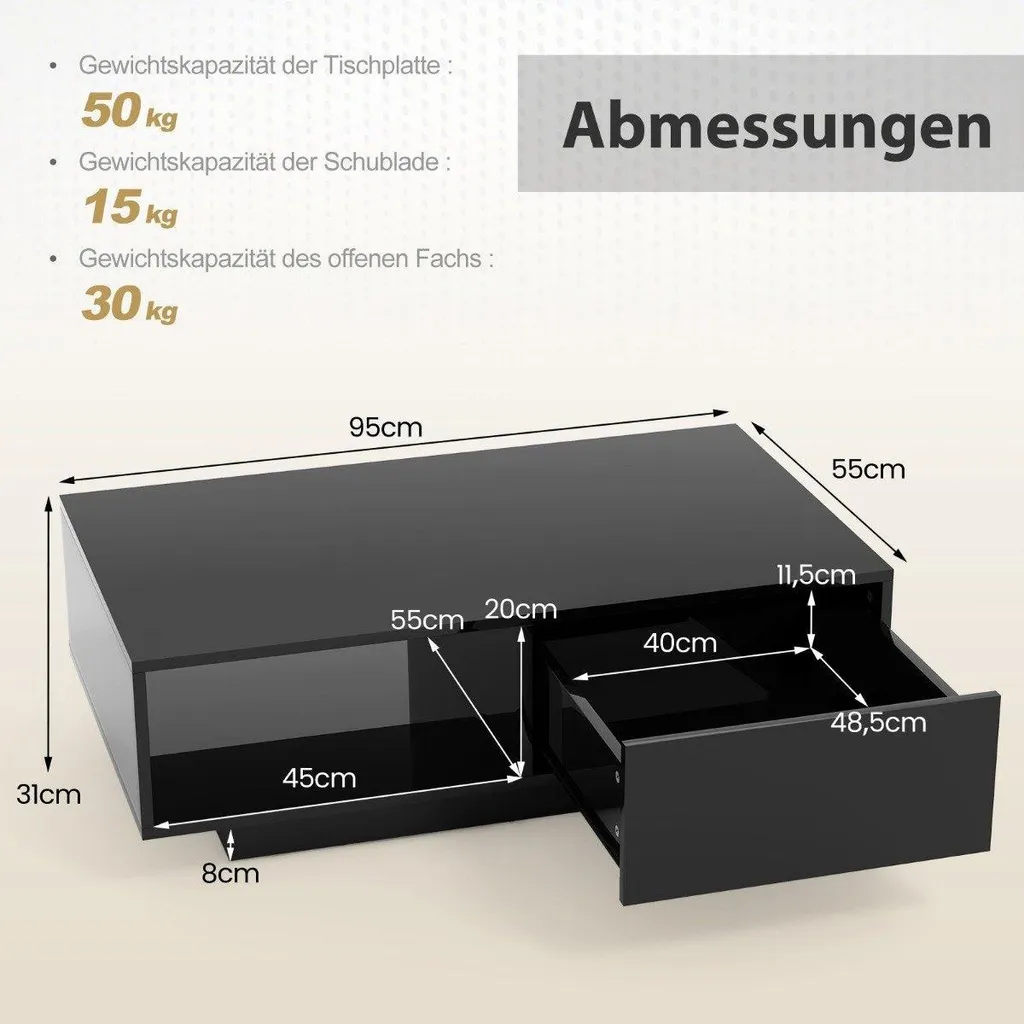 Table basse noire LED pour soirée cinéma avec rangement et télécommande - 3