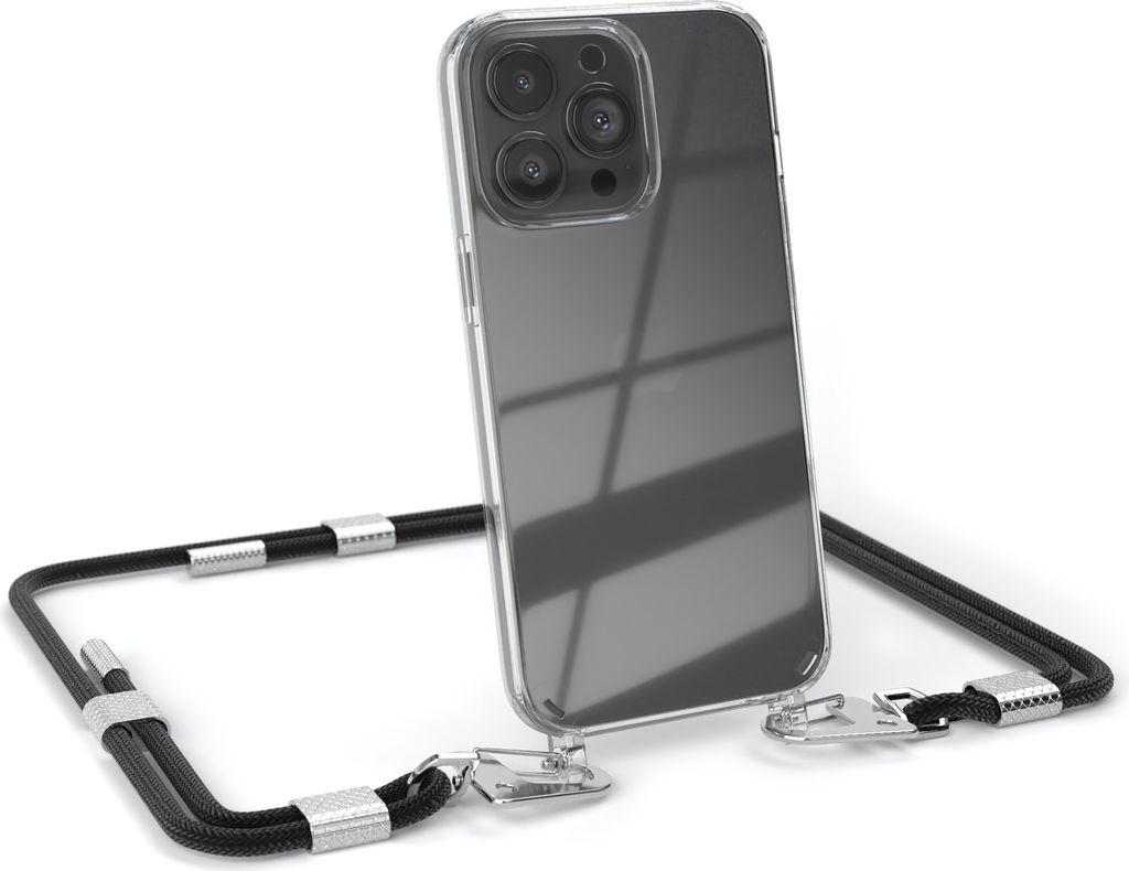 EAZY CASE Handykette für Apple iPhone 13 Pro, Transparente Silikonhülle mit Band, Clear Case, abnehmbar in Schwarz