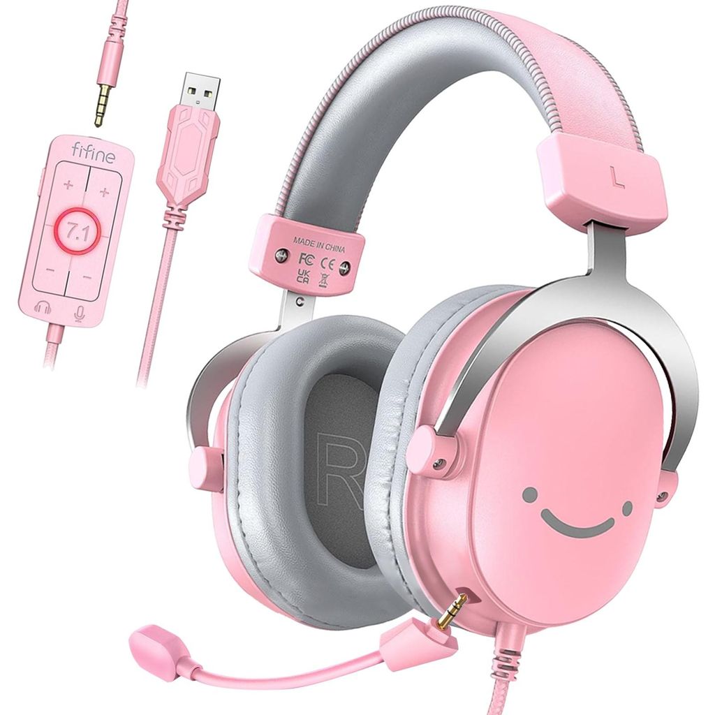 Fifine Headset Over-Ear Gaming-Headset mit Mikrofon Abnehmbar USB Headset mit Kabel, Rosa