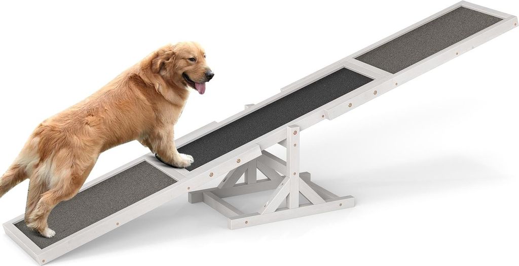 GOPLUS Hundewippe Holz, Hunde Agility Wippe mit rutschfesten Asphaltfilzplatten, Trainingsgerät zur Gleichgewichtsübung für Haustiere (Weiß)