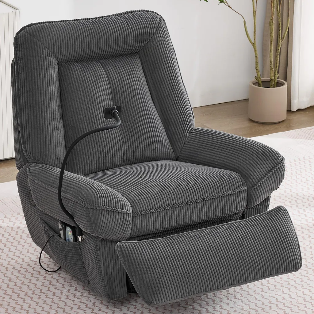 OKWISH Fauteuil Relax Électrique Massage Chauffant Corduroy Gris 360°
