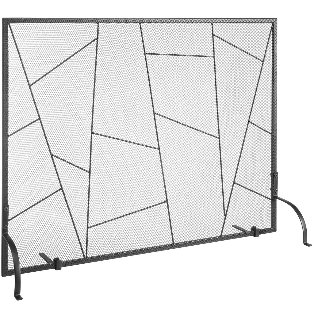 A black metal fireplace screen with a geometric pattern, shown against a white background.